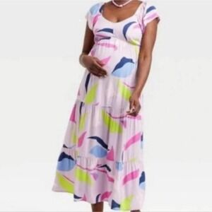 Isabel Maternity Maxi Dress Abstract Print Square Neck Flutter Sleeve Lavender M